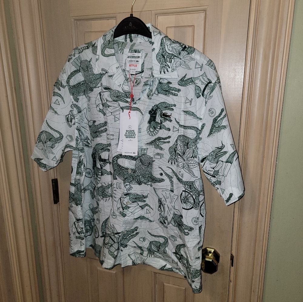 NWT Mens Sz M Lacoste X Netflix All Over Alligator Hawaiian Shirt